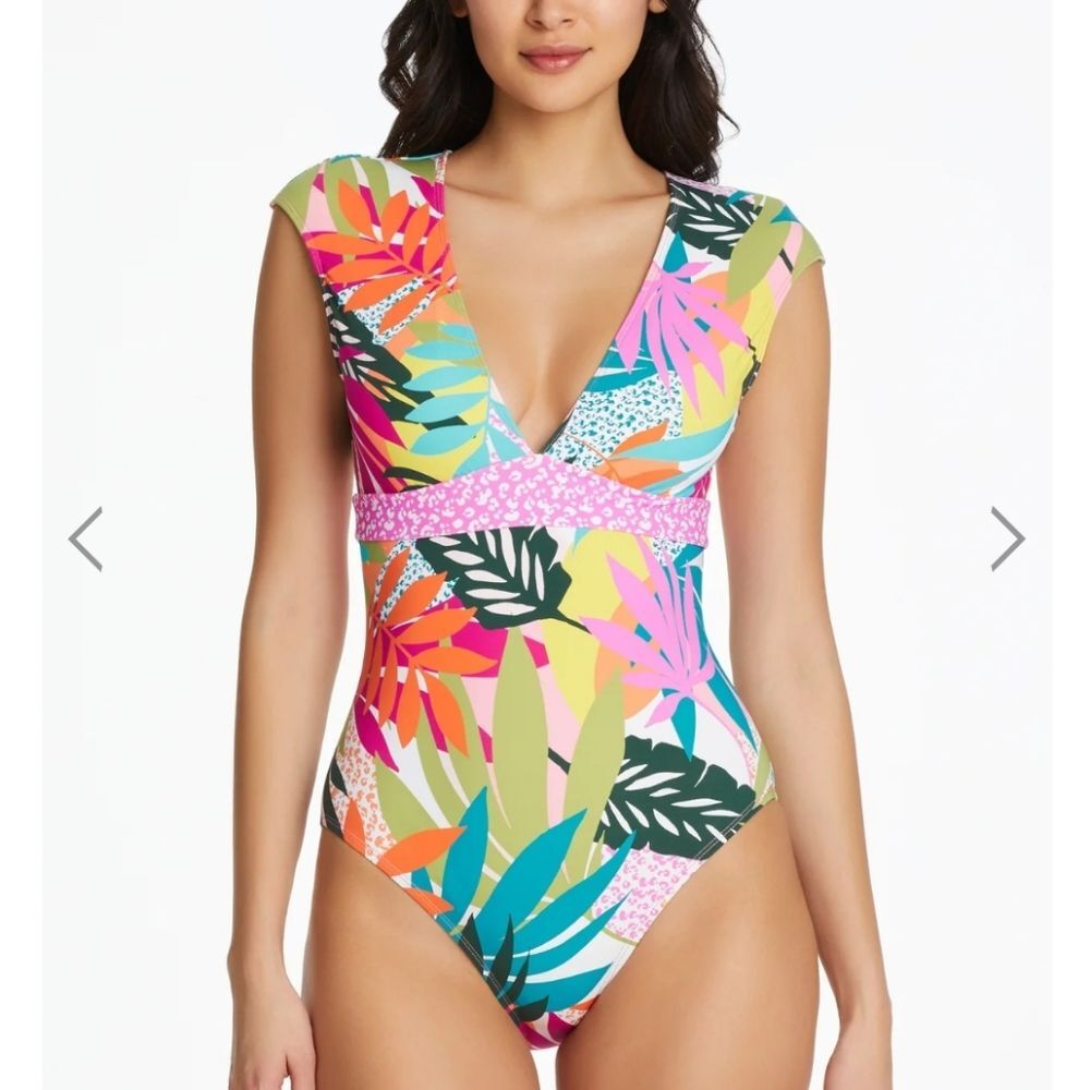 Bleu Rod Beattie Wild At Heart Cap Sleeve Plunge Neck Colorful Tropical Swimsuit